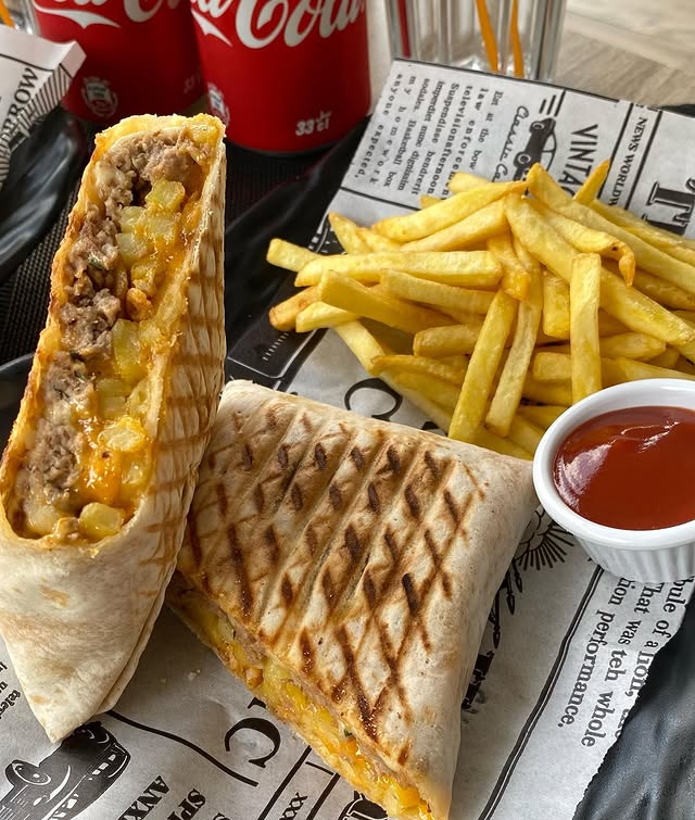 Beef wrap with fries and Coca-Cola