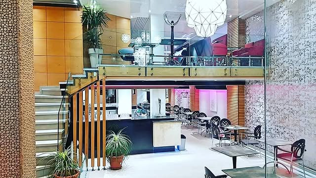 Atrium with mezzanine and staircase
