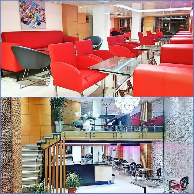 Lobby with crimson seating